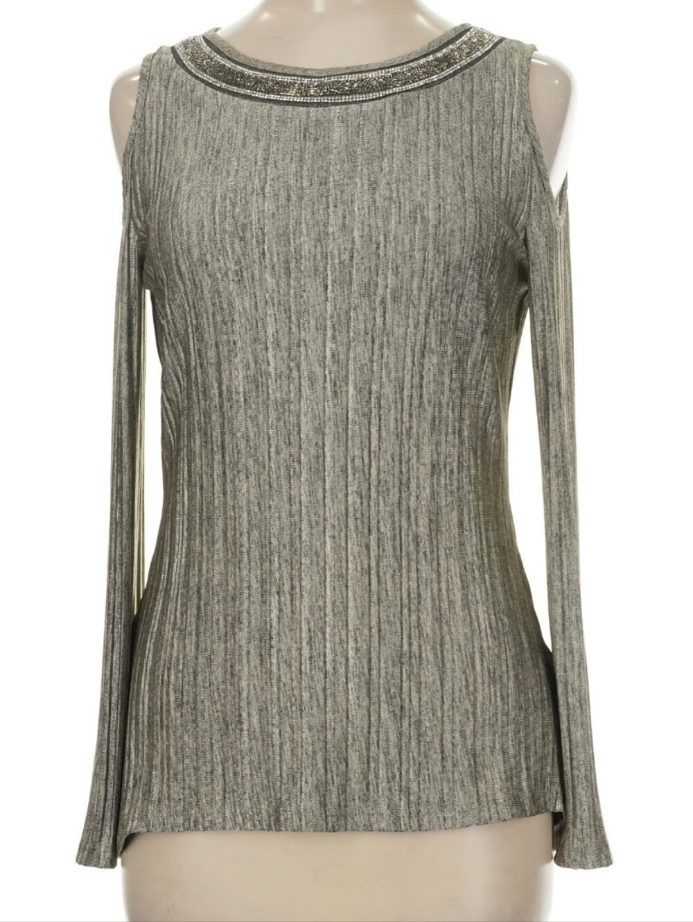 Frank Lyman Design Metallic Olive Cold-Shoulder Ribbed Sweater,  Size 8